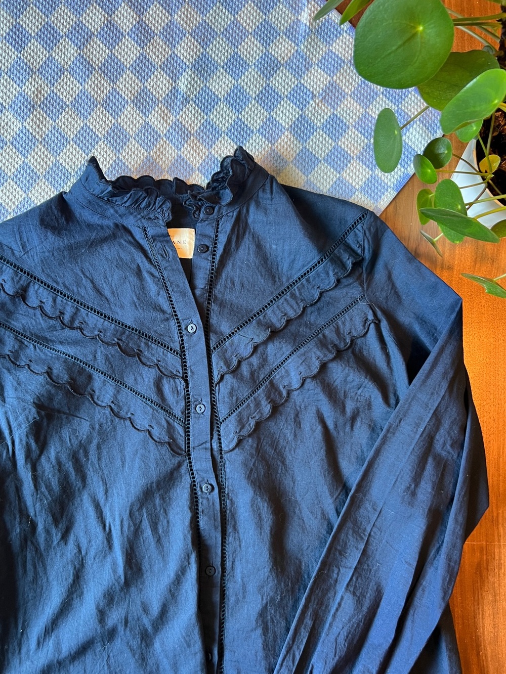 Sezane Navy Scalloped Button-Down Blouse